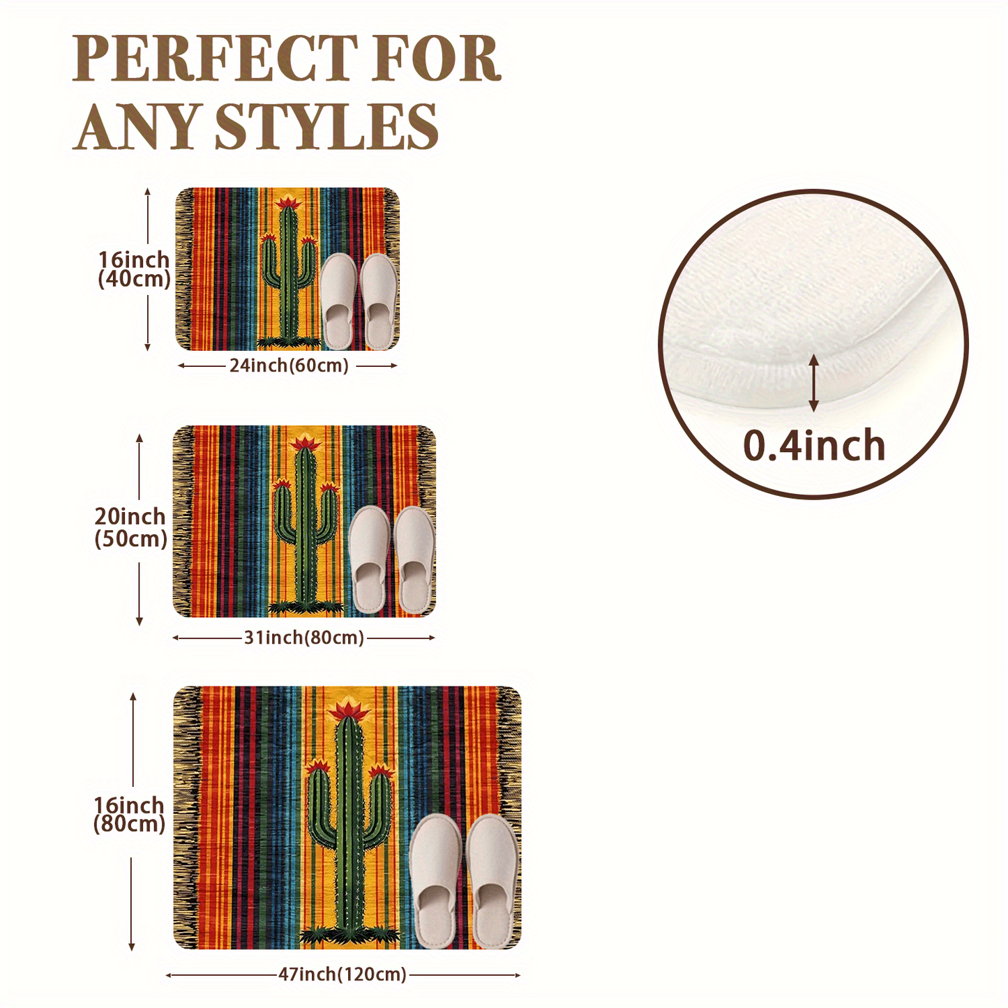 Mexican Cactus Flannel Area Rug Non-Slip Soft Absorbent Floor Mat for Indoor Entrance Kitchen Bathroom Bedroom Corridor Welcome Mat Colorful Stripes Boho Decor