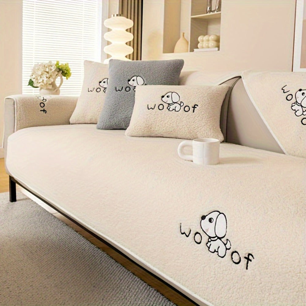 Sofa Cover Embroidered Plush-Texture Panels for Single to 4 Seats, Backrest, Armrest or Pillowcase