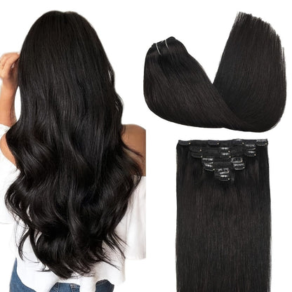 Clip In Hair Extensions Human Hair Straight Brazilian Natural Black 8 Pcs 18 Clips Unprocessed Full Head Set 12-24 Inch | Instant Length Volume Women