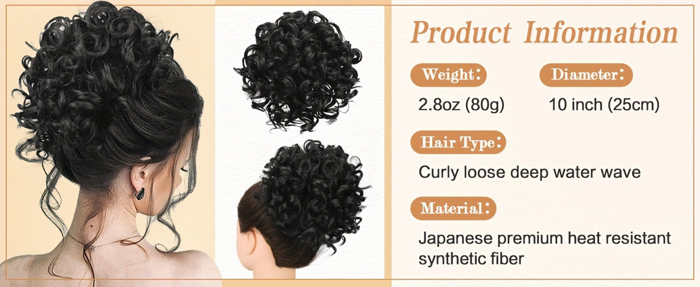 Drawstring Messy Bun Hair Extension 80g Curly Ponytail Voluminous Loose Bun Hairpiece for Women Thinning Hair Natural Look Black Brown Burgundy Ombre 10 Inch