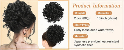 Drawstring Messy Bun Hair Extension 80g Curly Ponytail Voluminous Loose Bun Hairpiece for Women Thinning Hair Natural Look Black Brown Burgundy Ombre 10 Inch