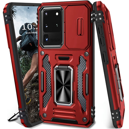 Samsung Galaxy Shockproof Magnetic Phone Case with 360° Rotating Ring Bracket & Sliding Lens Protector – Heavy Duty Cover for S24FE S23FE S22 S21FE Ultra A55 A54 A35 A34 A25 A24 A16 A15 A14 A06 A05 A05S 5G