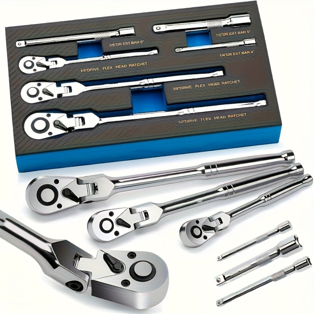 Ratchet Wrench Set 3-Piece & 6-Piece | 72-Tooth 1/4" 3/8" 1/2" Drive Flexible Head Quick Release Ratchet Handle with EVA Sponge Tool Kit – 180° Adjustable Bendable Ratchet