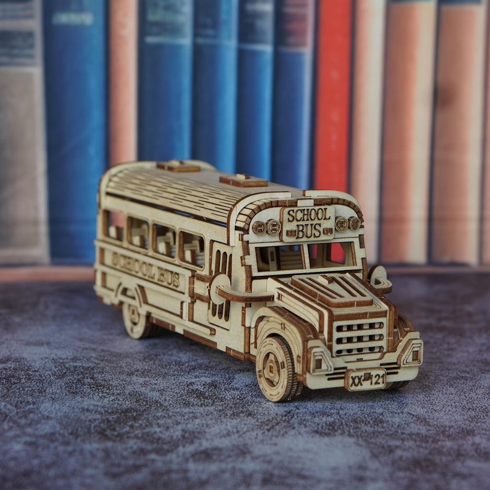 Wooden School Bus Model Kit with Laser-Cut Panels, Rolling Wheels and 20.5 cm Display Length