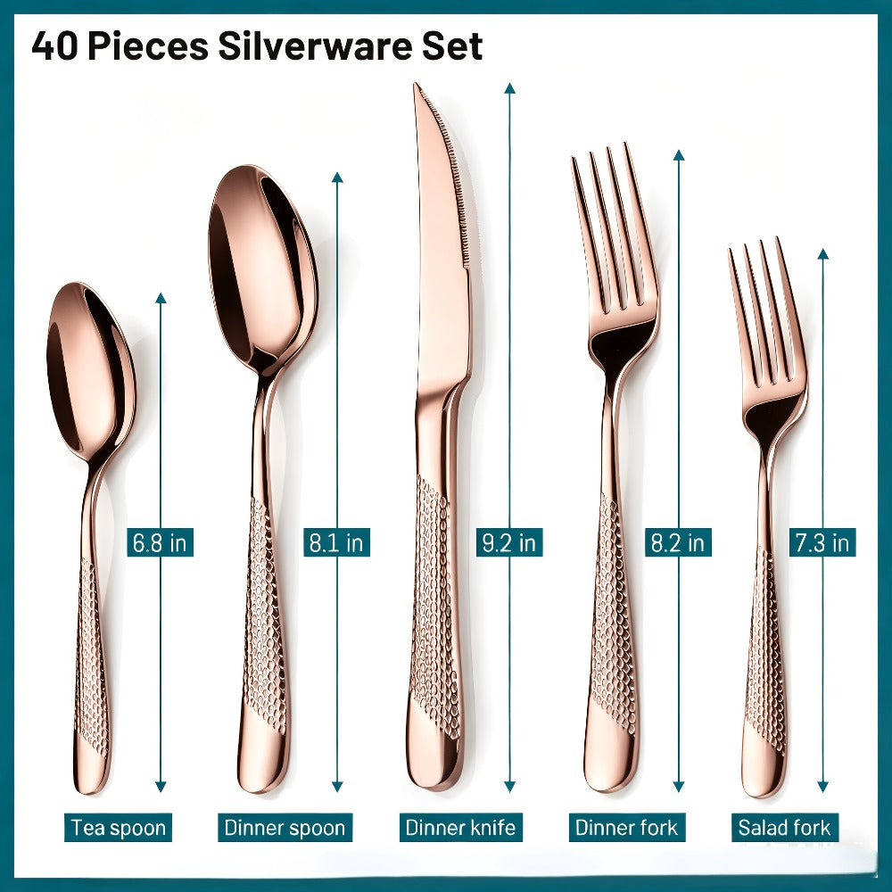 Stainless Steel Flatware Set 40/48 Piece – 304 Silverware Set for 8 Hammered Mirror Polished Rose Gold Cutlery with 2-in-1 Serrated Knife Dishwasher Safe Modern Utensils for Home Restaurant Wedding
