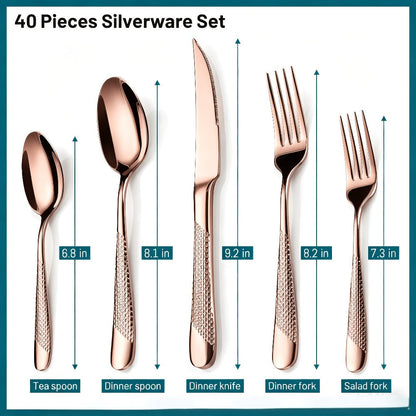 Stainless Steel Flatware Set 40/48 Piece – 304 Silverware Set for 8 Hammered Mirror Polished Rose Gold Cutlery with 2-in-1 Serrated Knife Dishwasher Safe Modern Utensils for Home Restaurant Wedding
