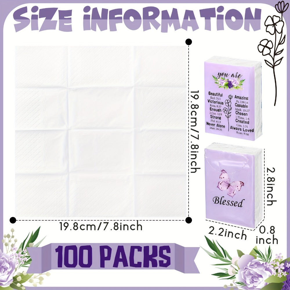 One-Hundred-Pack Purple Floral Pocket Tissue Set with Seven Three-Ply Sheets in Each Travel Pack