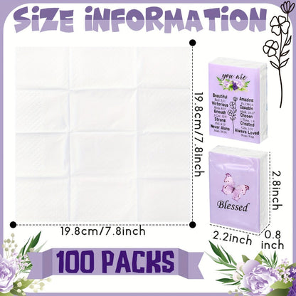 One-Hundred-Pack Purple Floral Pocket Tissue Set with Seven Three-Ply Sheets in Each Travel Pack