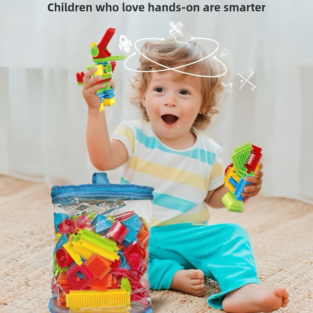 Building Block Set Bristle Construction Pieces, 150-Piece Colorful Interlocking Shapes with Storage Tub