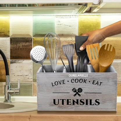 Wooden Cutlery Storage Box with Grid Compartments Chopstick Organizer Rack with Metal for Home Cooking, Dining and Outdoor Meals
