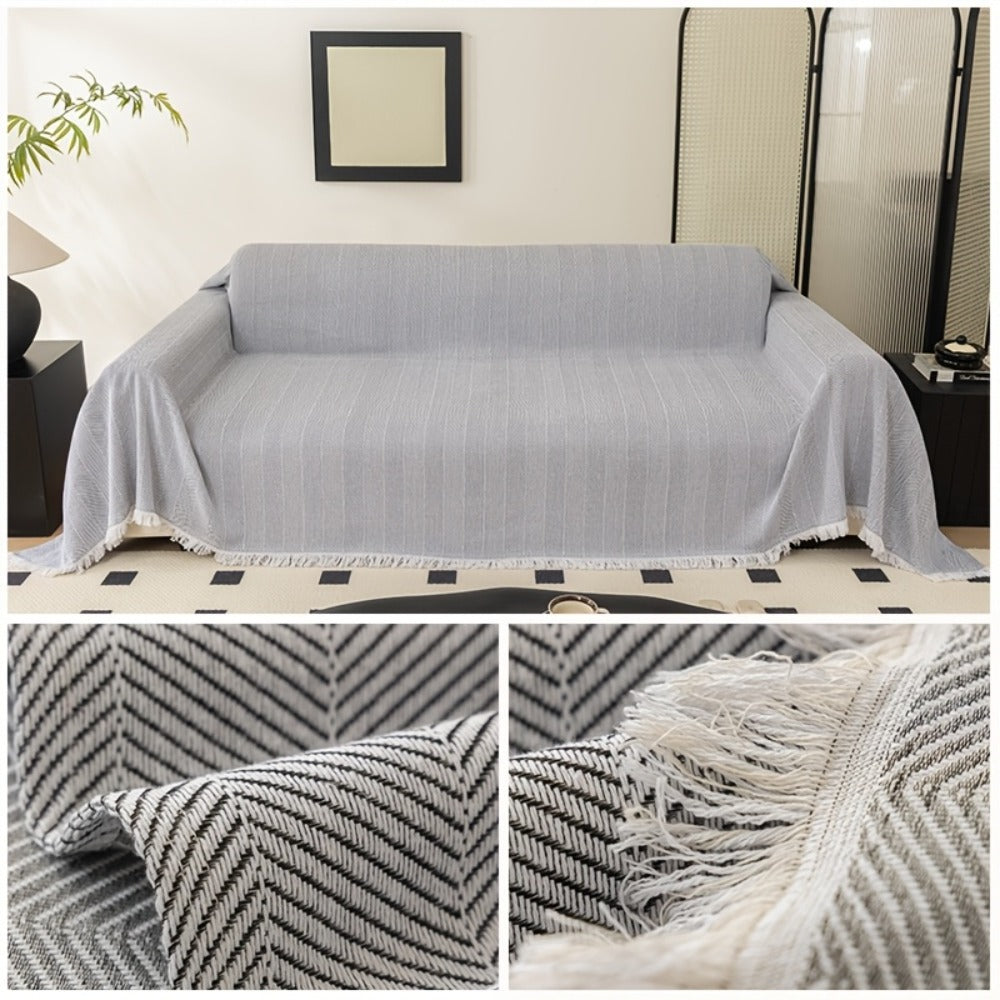 Sofa Cover 71-Inch Herringbone Jacquard Woven Throw with Tassel Fringe in Grey, Coffee, Green or Blue