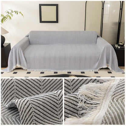 Sofa Cover 71-Inch Herringbone Jacquard Woven Throw with Tassel Fringe in Grey, Coffee, Green or Blue