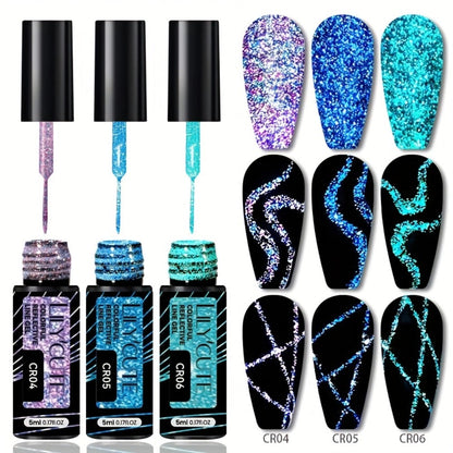 Reflective Line Nail Art Gel Set with Three 5ml LILYCUTE Bottles, Slim Liner Brushes and Two Color Group Options