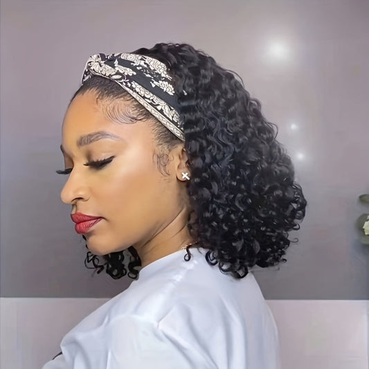 Headband Wig Curly Wavy for Women Black Synthetic Glueless No Lace — Elastic Cap Heat Resistant Beginner Friendly for Daily Wear Party Cosplay 12 16 22 Inch