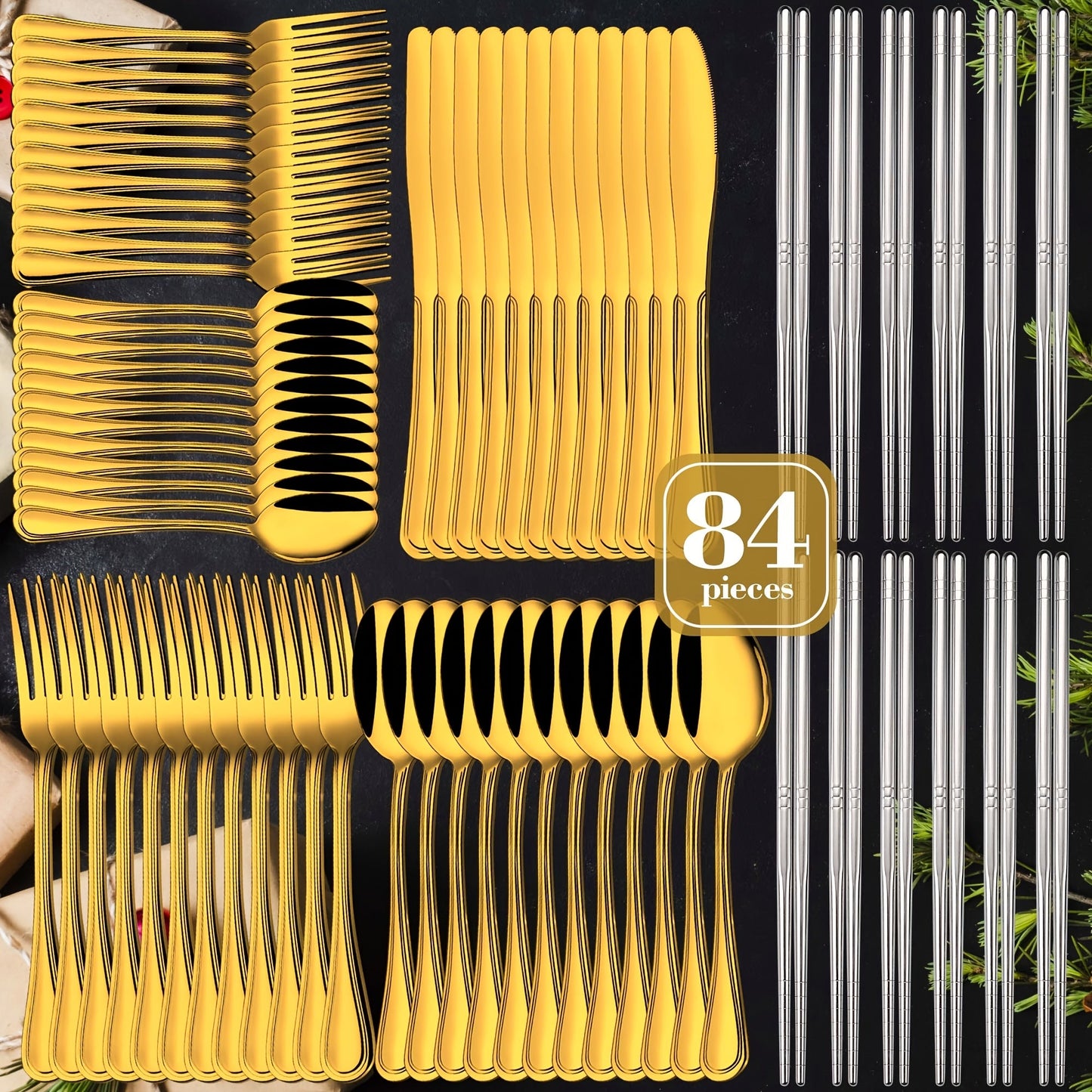 Large Flatware Set with 60-, 65- or 84-Piece Silver, Gold or Black Options and Chopstick Configurations