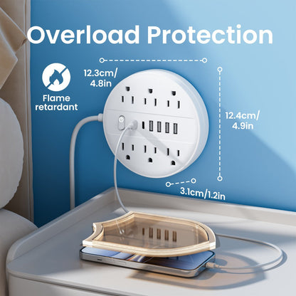 Surge Protector Power Strip 12-in-1 with 6 AC Outlets 4 USB-A 2 USB-C Flat Plug Wall Mount Overload Protection Desk Charging Station for Home Office Travel