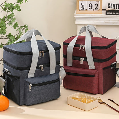 Insulated Lunch Bag Large Double Layer Leakproof Cooler Tote Bag with Adjustable Crossbody Strap for Men Women Office Picnic Travel Camping in Black Grey Burgundy Blue