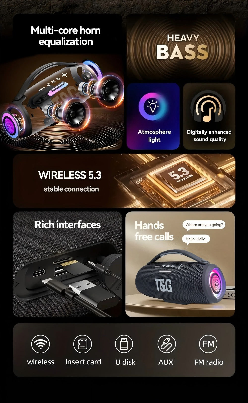 Portable Bluetooth Speaker TG418 with 3000mAh Battery, EQ, LED Lights, Type-C, TF, USB and AUX
