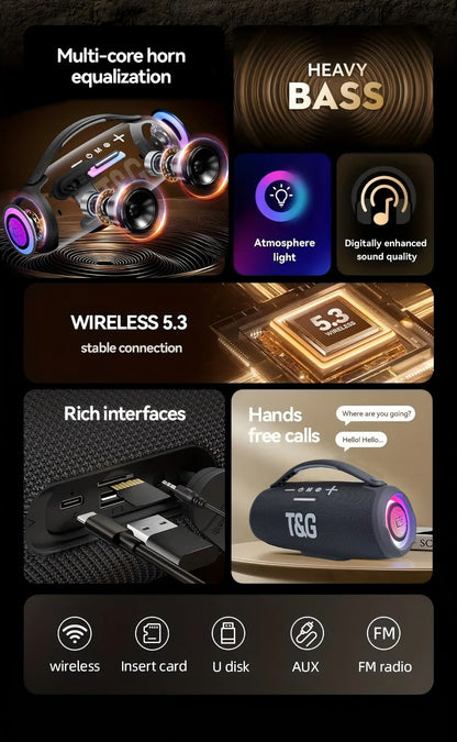 Portable Bluetooth Speaker TG418 with 3000mAh Battery, EQ, LED Lights, Type-C, TF, USB and AUX