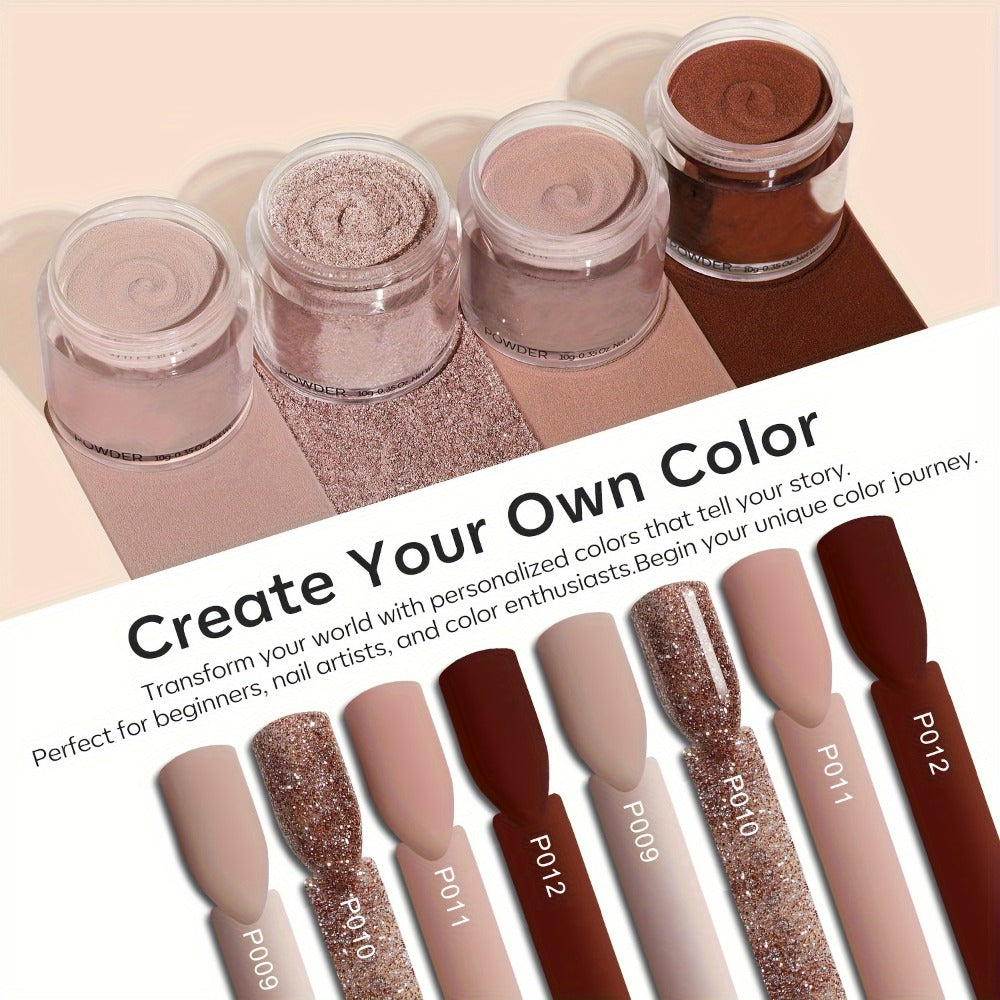 Dip Powder Nail Kit with YANYILIKE Label, Four Pink Brown Beige Powders, Three 10ml Liquids and Four Tools