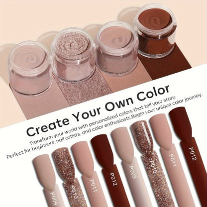 Dip Powder Nail Kit with YANYILIKE Label, Four Pink Brown Beige Powders, Three 10ml Liquids and Four Tools