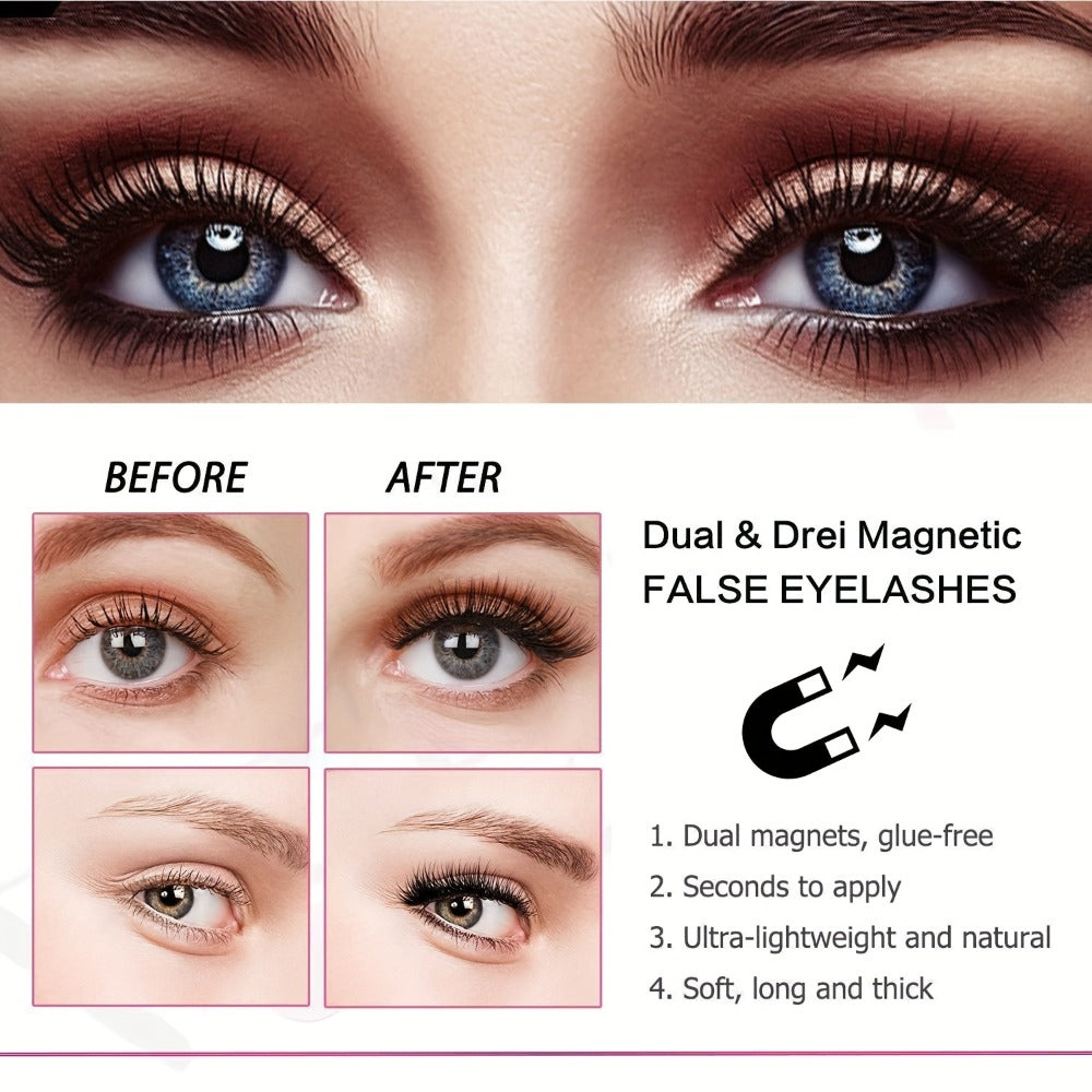Eight-Piece Black Magnetic False Eyelash Kit with Rectangular Case, Applicator, Tweezers and Brush