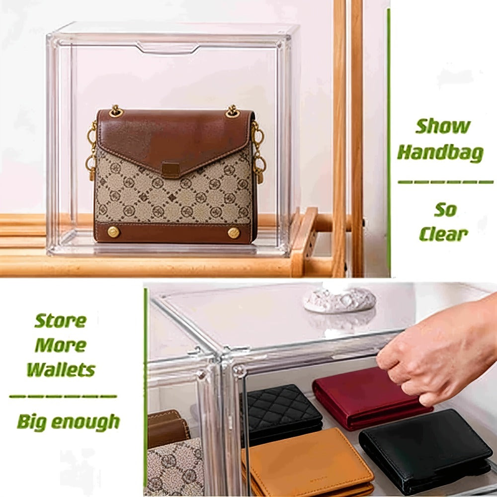 Three-Pack Clear Handbag Display Boxes with Front Magnetic Doors, Stackable Design and Exact Checkout Label