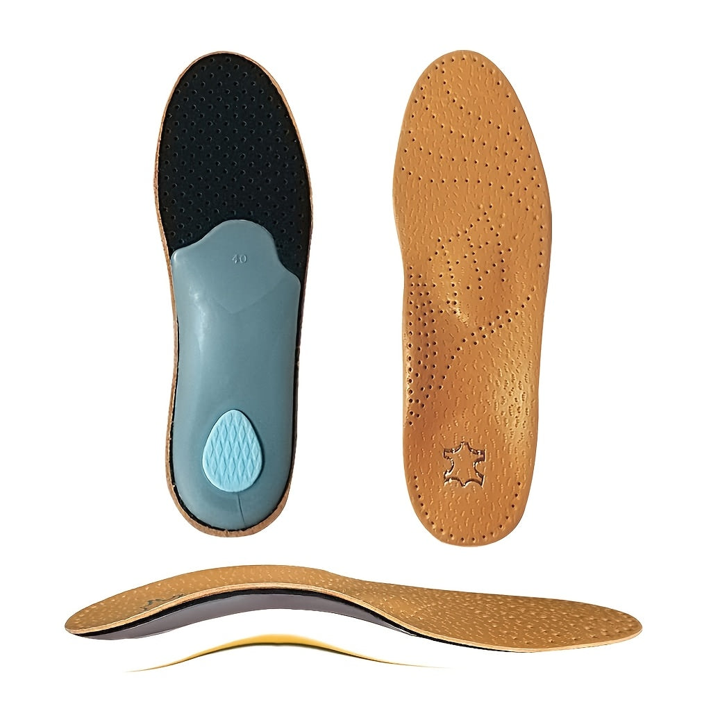 Brown Leather-Look Arch-Support Shoe Inserts with Blue Heel Cushion in Five Unisex Size Options