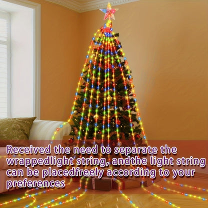 Christmas Tree Waterfall Fairy Lights 200 LED with Star Top Decoration, 8 Lighting Modes — Battery, Solar & USB Powered Indoor Outdoor Colorful Cascading Holiday Light Strip