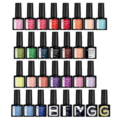 Gel Nail Polish Set with PHOENIXY Label, 30 Pieces with Base, Glossy, Matte and Glitter Top Coats