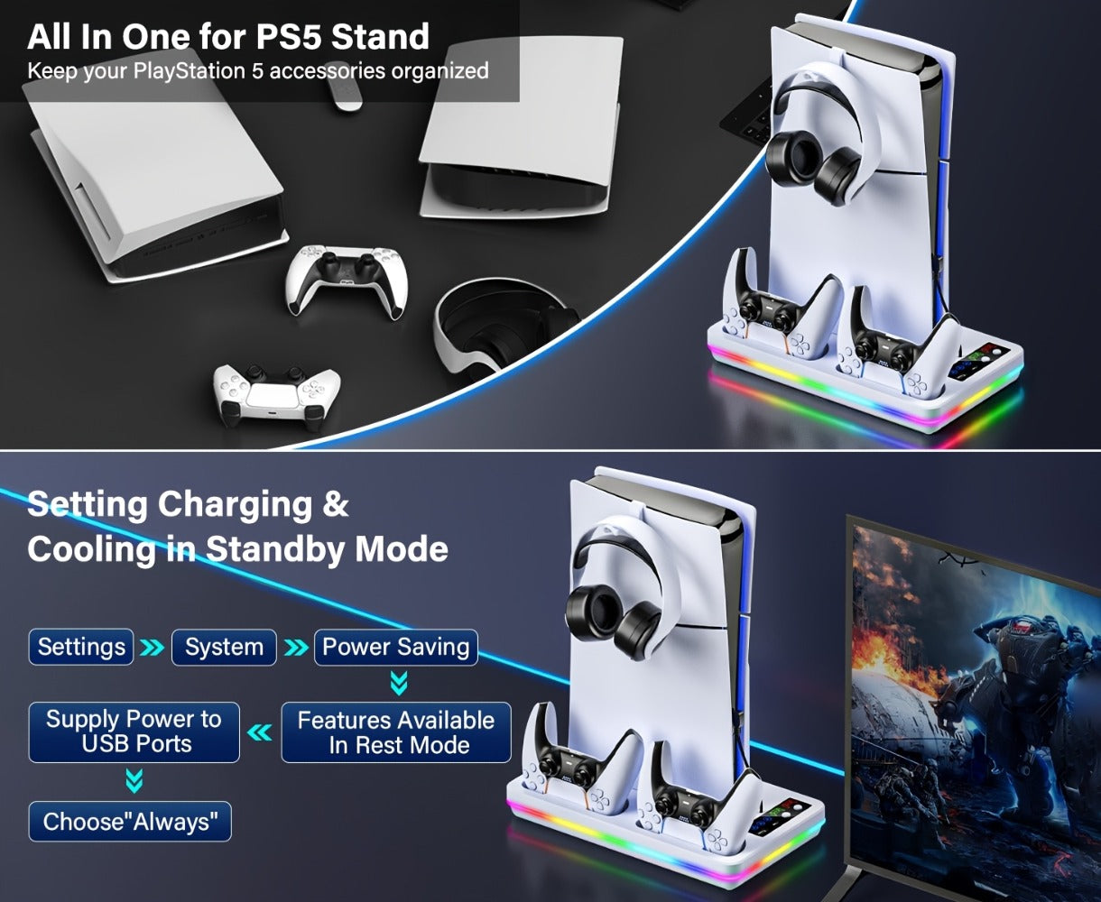 RGB Console Stand Compatible with PS5, Slim and Pro Models, Three-Speed Fan and Dual Controller Charging Dock