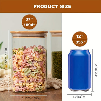 Six-Piece 37 oz Glass Storage Jar Set with Tall Clear Bodies, Square Bamboo-Look Lids and Silicone Rings