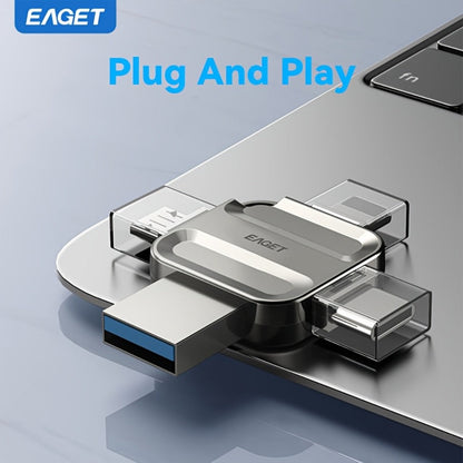 EAGET I50 iPhone Flash Drive USB 3.0 High Speed 4-in-1 Lightning Type-C Micro USB OTG Memory Stick 32GB 64GB 128GB 256GB for iPhone iPad Android Mac PC Photo Backup Storage