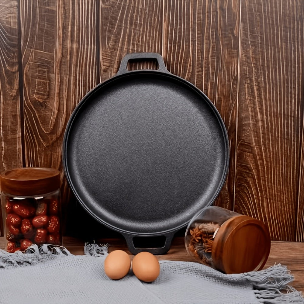 28cm Cast Iron Skillet with Dual Loop Handles and Broad Round Cooking Surface for Oven, Grill or Campfire Use