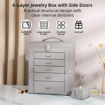 Jewelry Box 6 Tier with 5 Drawers Mirror & Lock | Large Jewelry Organizer Storage Case Gift for Women