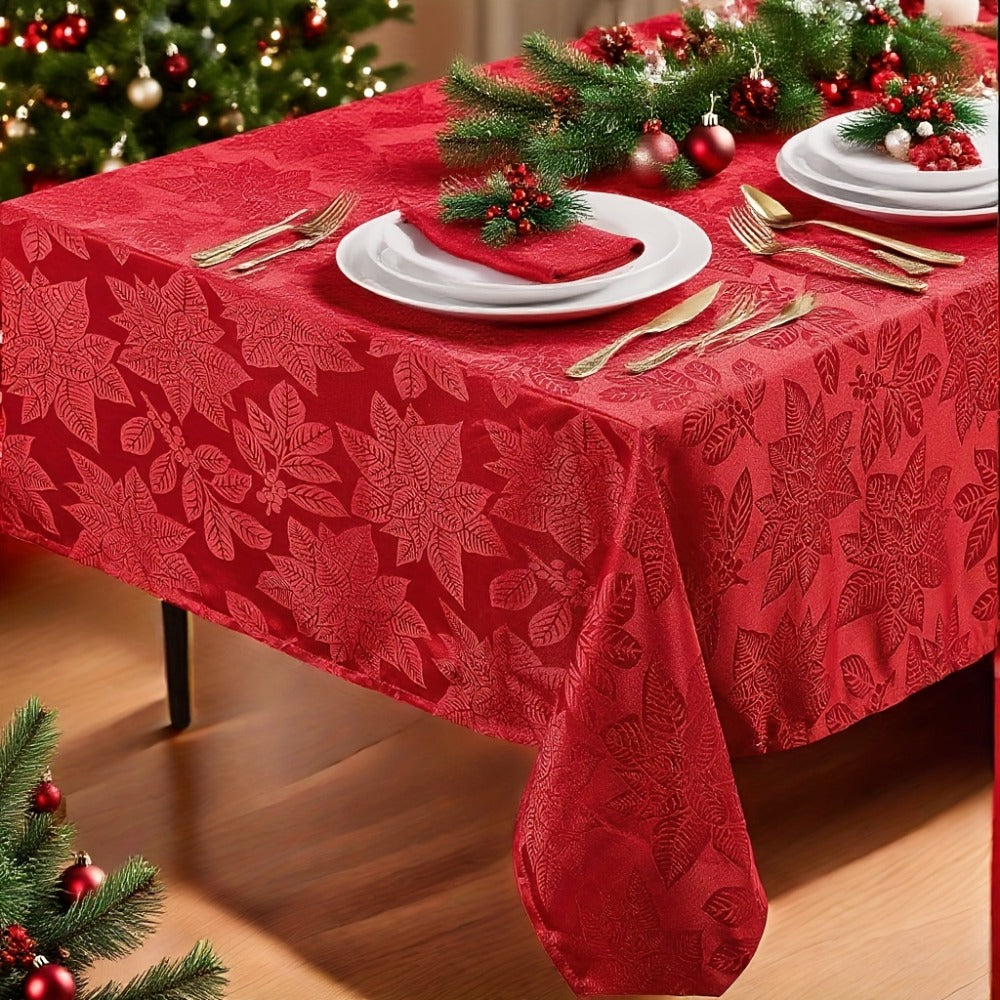 Tablecloth Red Floral Jacquard Rectangle Cover with Stitched Borders in Three Holiday Sizes