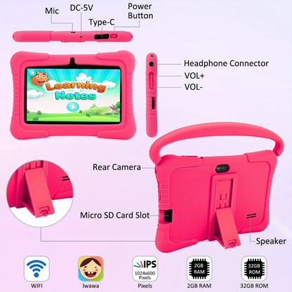 Veidoo 7 Inch Kids Tablet with Drop-Proof Silicone Cover – Eye Protection Screen, WiFi, 2GB RAM 16GB/32GB ROM, Dual Camera, Educational Games, Parental Control, Android Tablet Pink Blue Purple