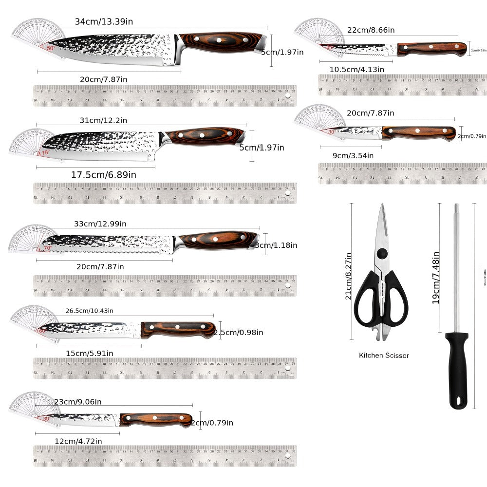 Kitchen Knife Set 15-Piece Hammered Stainless Steel with Steak Knives and Self-Sharpening Wood Block