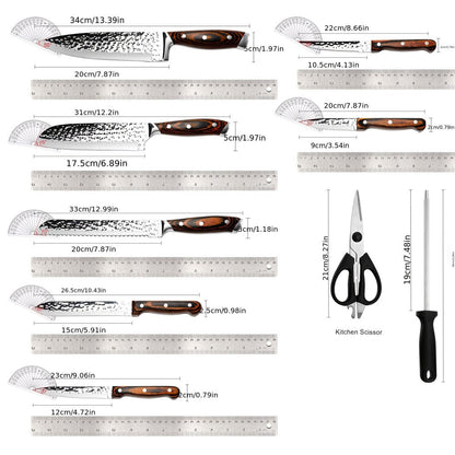 Kitchen Knife Set 15-Piece Hammered Stainless Steel with Steak Knives and Self-Sharpening Wood Block