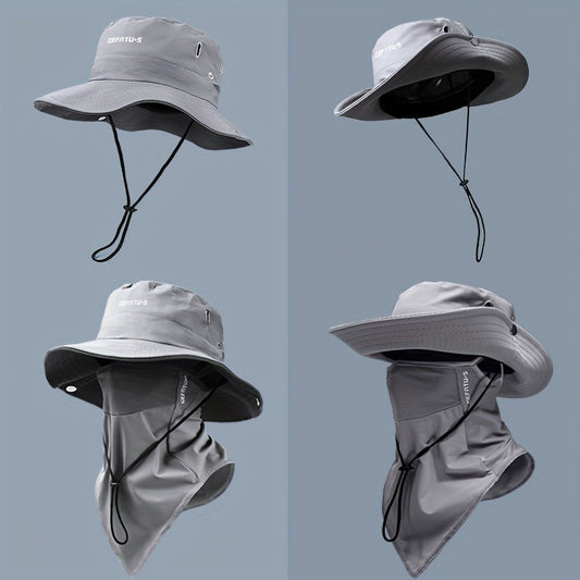 Wide Brim Sun Hat with Face Mask 2-Set UV Protection Foldable Fishing Hat, Breathable Drawstring Outdoor Cap for Beach, Fishing, Hiking & Outdoor Work, Unisex Men & Women, Black Gray Khaki