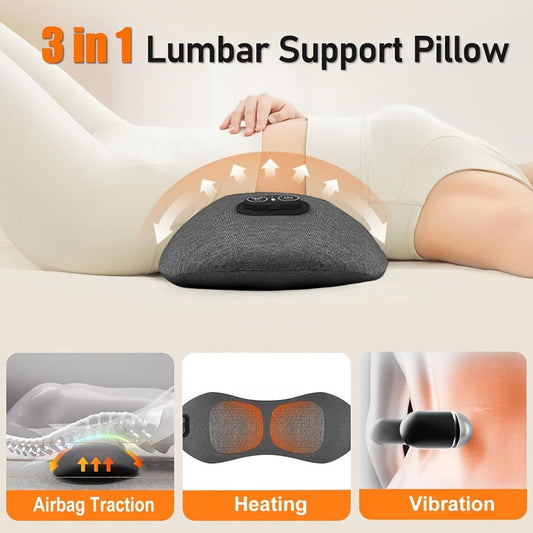 Lower Back Massager with Heat – 3-in-1 Lumbar Support Pillow with Vibration & Traction for Back Pain Relief | USB Powered, Ideal for Car, Office Chair, Bed & Home Use
