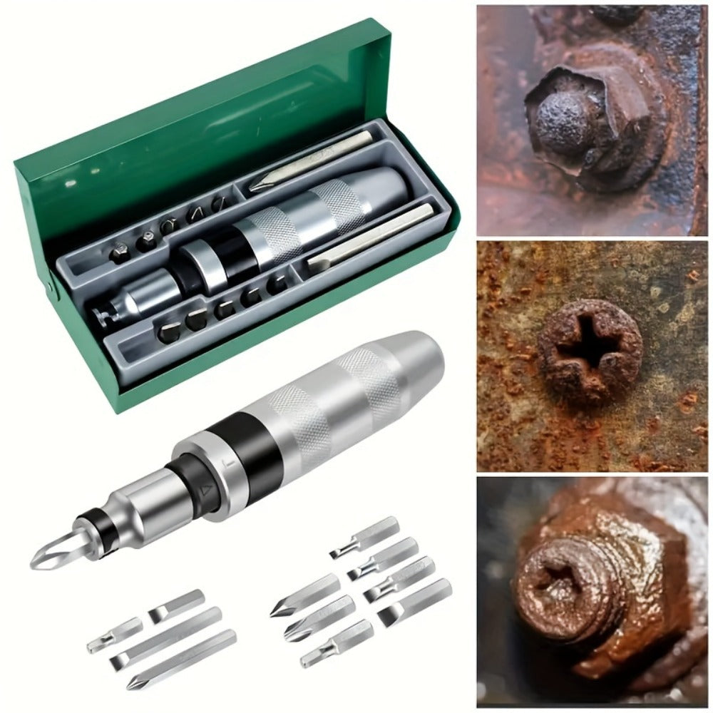 Thirteen-Piece Manual Impact Screwdriver Set with Reversible Driver, Chisel Bits and Screw Extractors