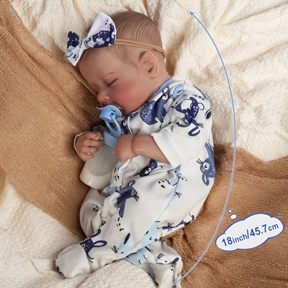18-Inch Baby Doll in Blue-Print Outfit with Sleeping or Open-Eye Face Options and No Bottle or Pacifier