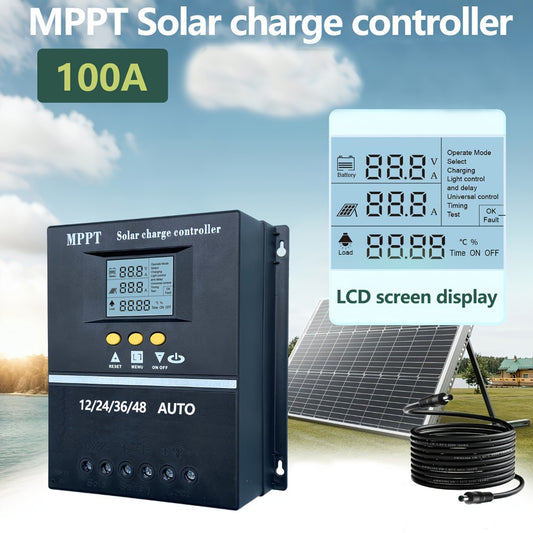 100A MPPT Solar Charge Controller with LCD Display Auto Tracking for 12V 24V 36V 48V Systems Lead-Acid Lithium LiFePO4 Batteries Off-Grid Solar RV Boat Camper