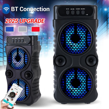 Portable Bluetooth Speaker with Dual Subwoofers, Color Lights, TWS, FM, USB, AUX, TF and Mic Input