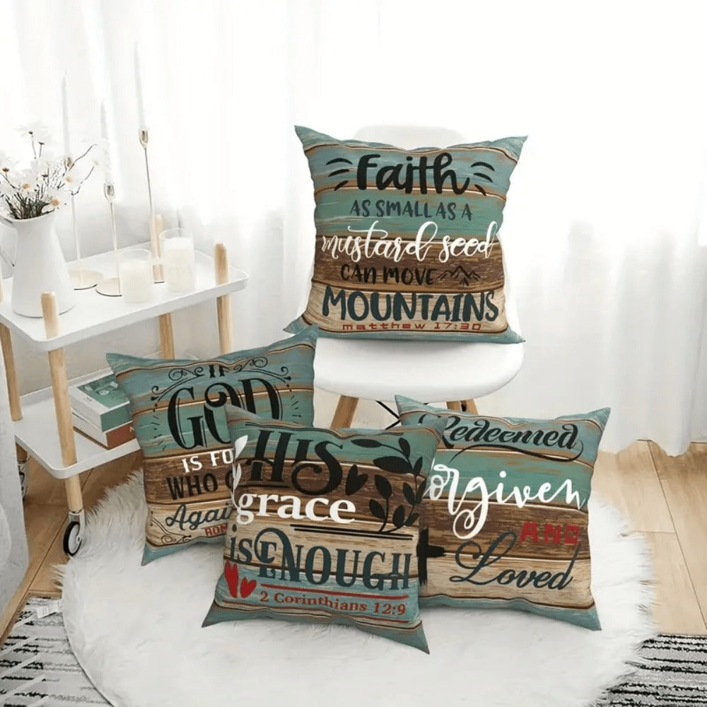 Scripture Quote Throw Pillow Covers, Four-Piece 18 x 18-Inch Linen-Labeled Set with Hidden Zippers