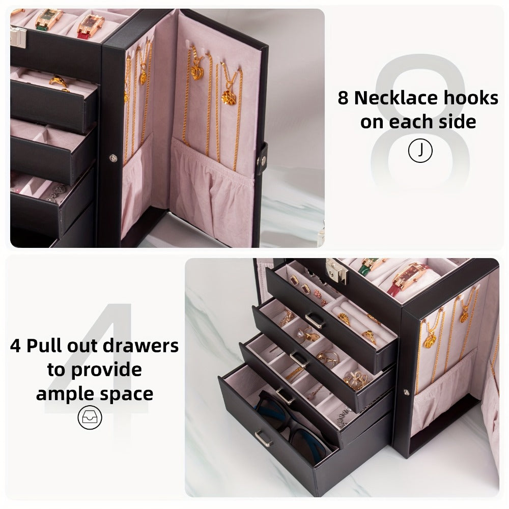 Large Jewelry Box 5-Tier PU Leather Organizer with Lock & Mirror – Storage Case for Bracelets, Earrings, Rings & Necklaces