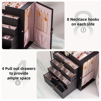 Large Jewelry Box 5-Tier PU Leather Organizer with Lock & Mirror – Storage Case for Bracelets, Earrings, Rings & Necklaces