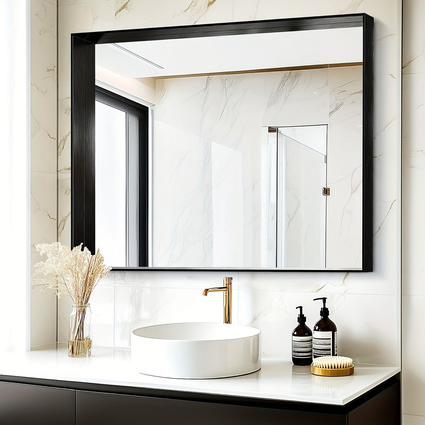 Bathroom Vanity Mirror Wall Mounted Metal Frame Rectangle – Anti-Rust Farmhouse Mirror in Matte Black, Gold & Silver, Multiple Sizes, Horizontal or Vertical Hang