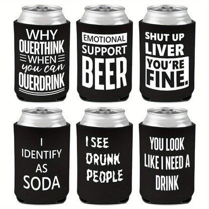 6-Pack Neoprene Beer Can Coolers with Funny Drinking Phrases - Insulated Drink Sleeves for Soda & Lager - Durable Cylindrical Can Huggers for Bachelorette, Oktoberfest & Camping Parties
